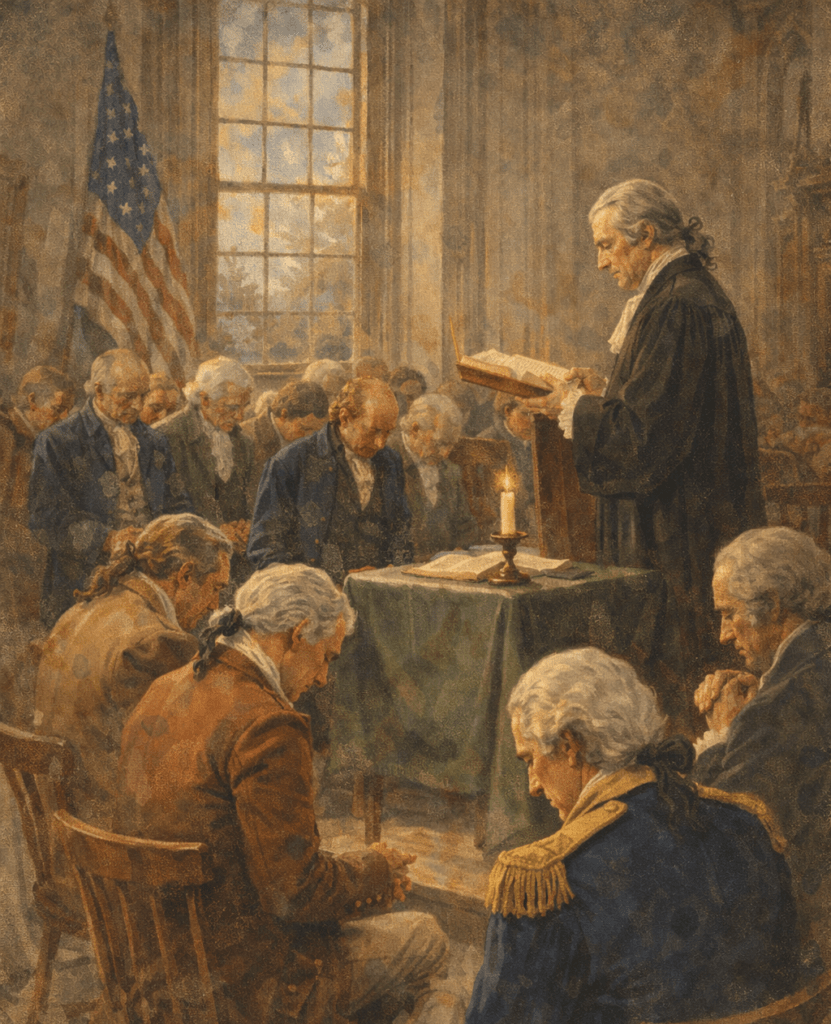 Members of the First Continental Congress bow their heads in prayer as Reverend Jacob Duché reads from the Bible at Independence Hall in 1774, depicting faith during the founding of the United States.