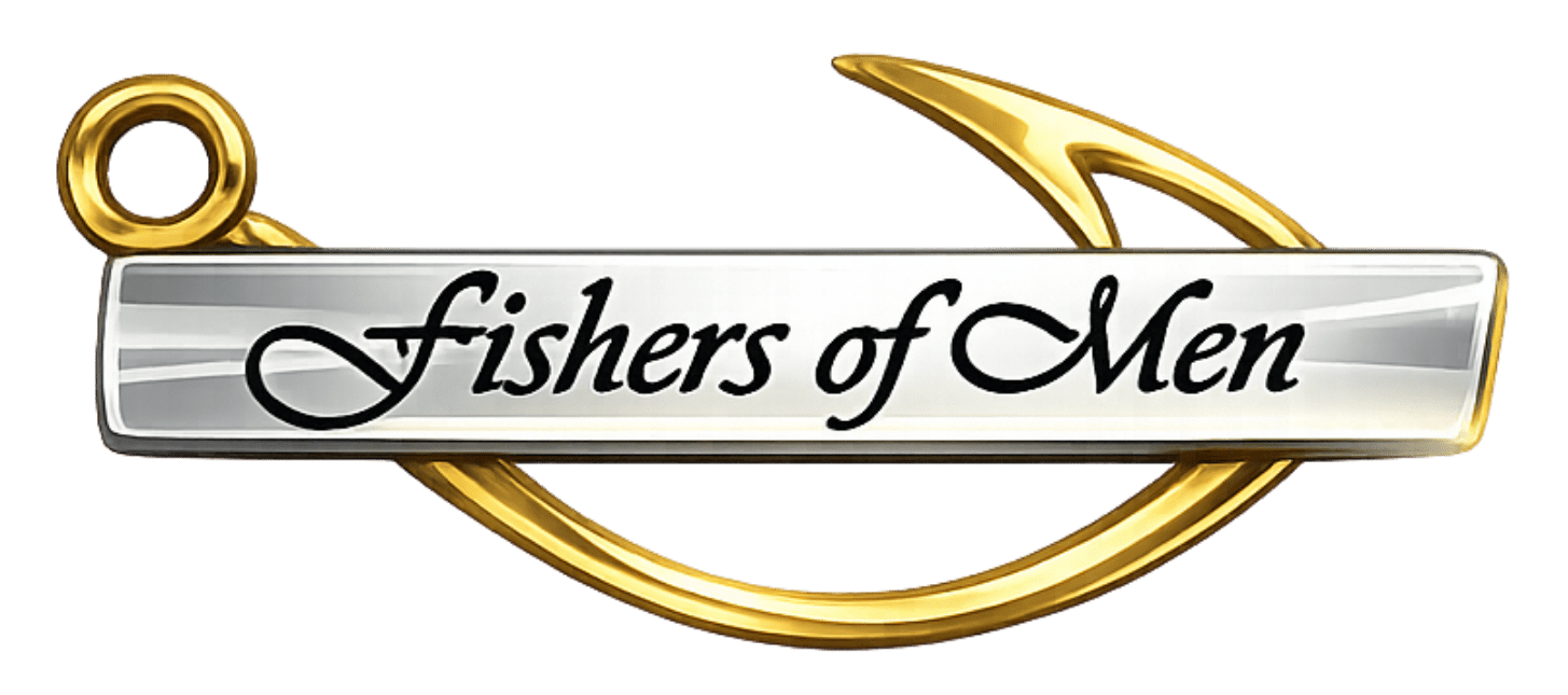 Fishers of Men logo featuring a gold fishing hook and silver bar with script text, representing Christian faith, service, and discipleship inspired by Jesus Christ.