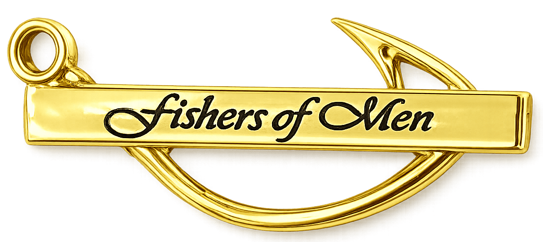 Gold “Fishers of Men” lapel pin shaped like a fishing hook, with centered engraved script on a horizontally aligned bar, isolated on a transparent background.