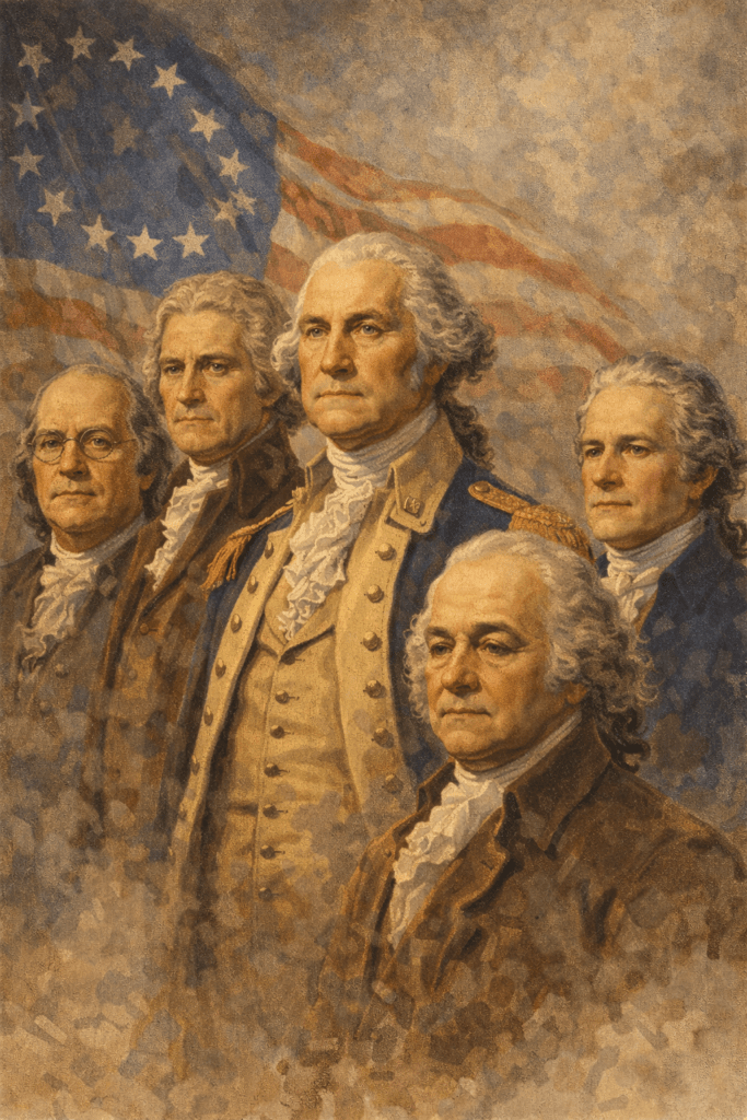 Heroic portrait of several Founding Fathers, including George Washington, standing together and facing forward with determined expressions, symbolizing virtue, leadership, and the moral foundations of the United States.