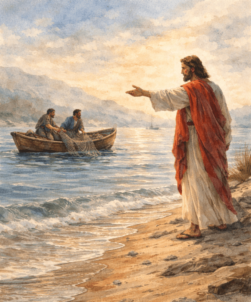 Jesus on land calling the first 2 disciples