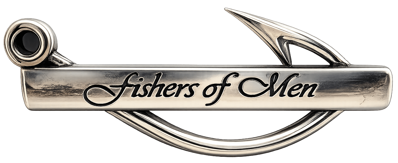 Silver “Fishers of Men” lapel pin shaped like a fishing hook, featuring engraved script text across a horizontal bar, isolated on a transparent background.