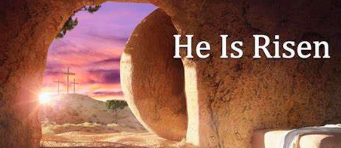 he has risen image - tombstone rolled open with sunset